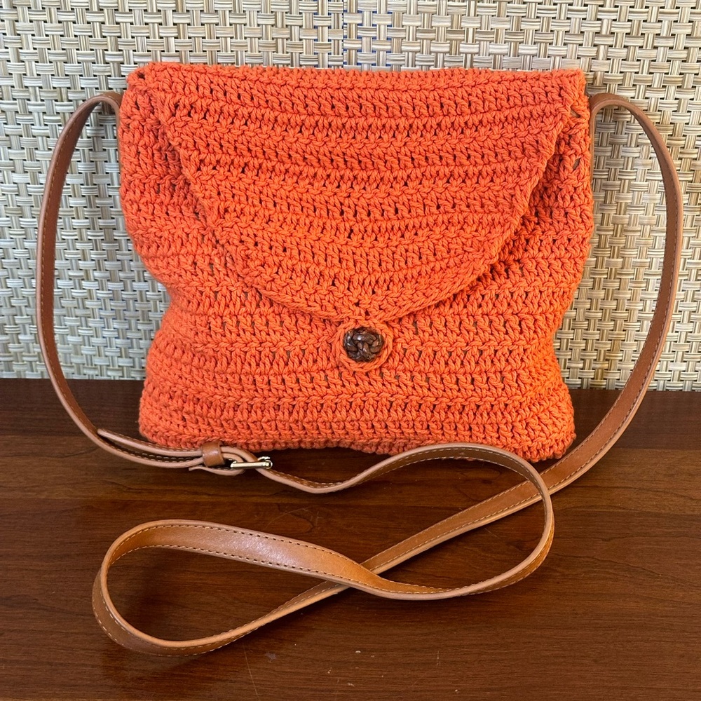 🌟2xHP🌟VTG 1990s Ralph Lauren Orange Crochet Crossbody Shoulder Bag Tan Leather